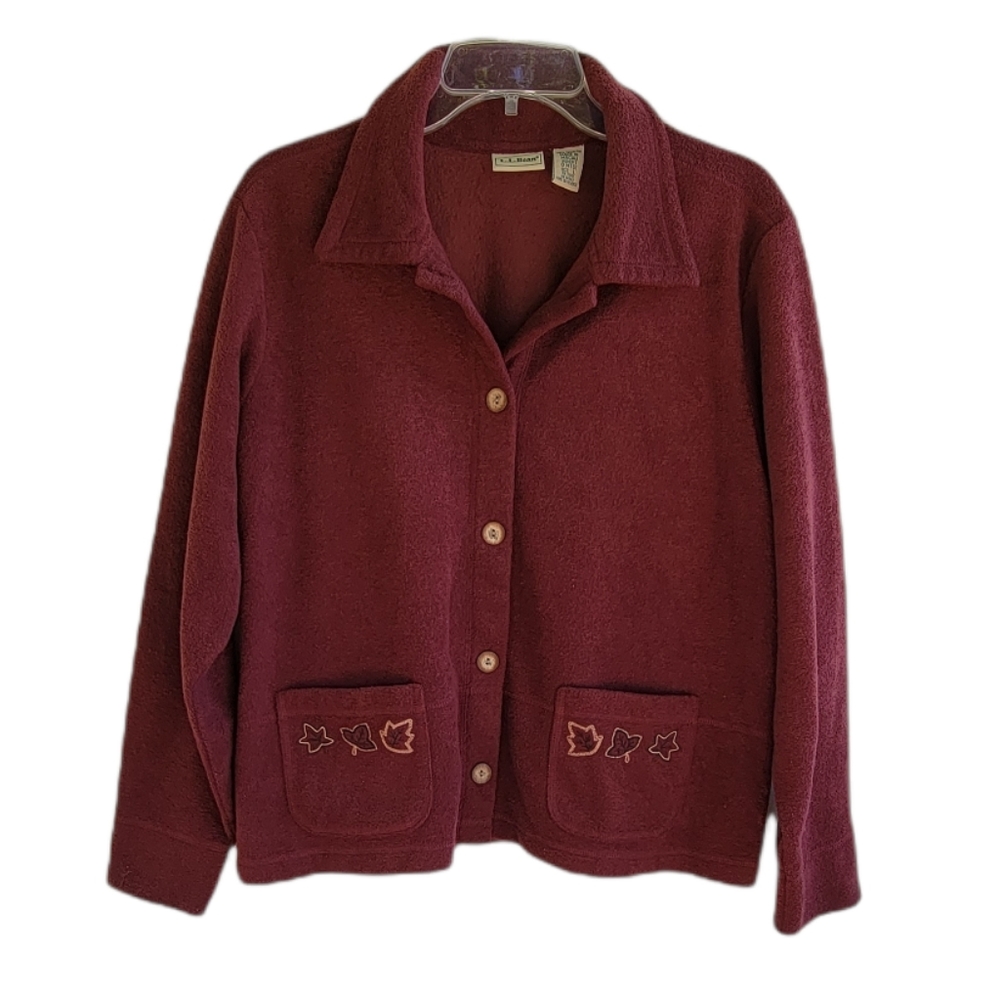 LL. Bean Dark Burgundy Fall Fleece Button Front Cardigan Size L